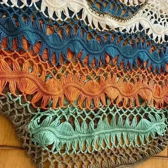 Angie Womens Crocheted Block Color Short Sleeve Top large orange blue aqua - Picture 2 of 10